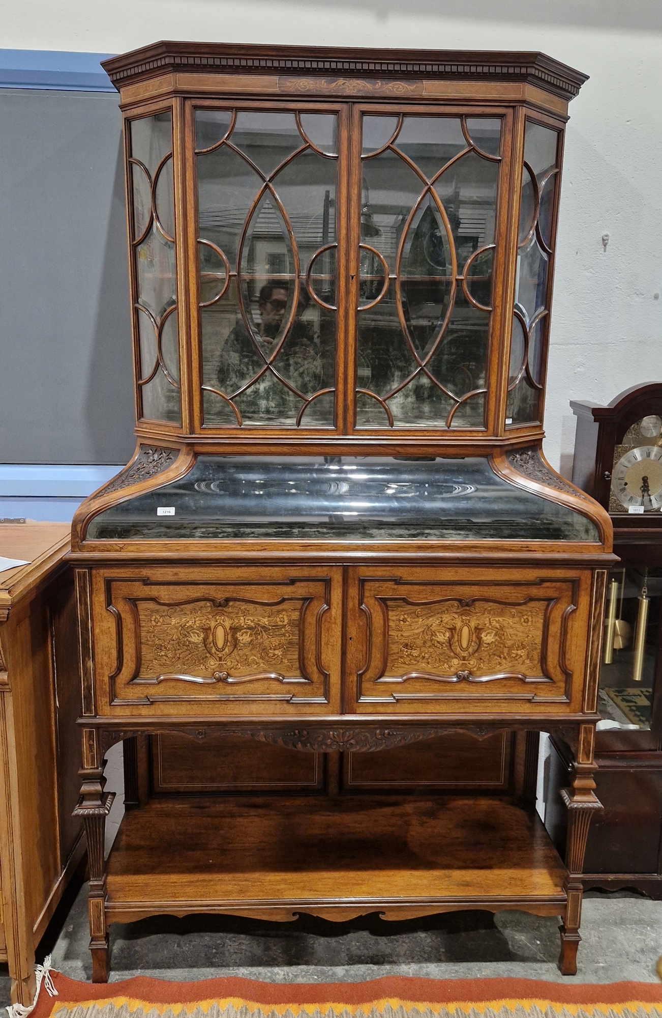 Victorian inlaid rosewood display cabinet, marked with maker's label 'Marris and Norton, Corporation