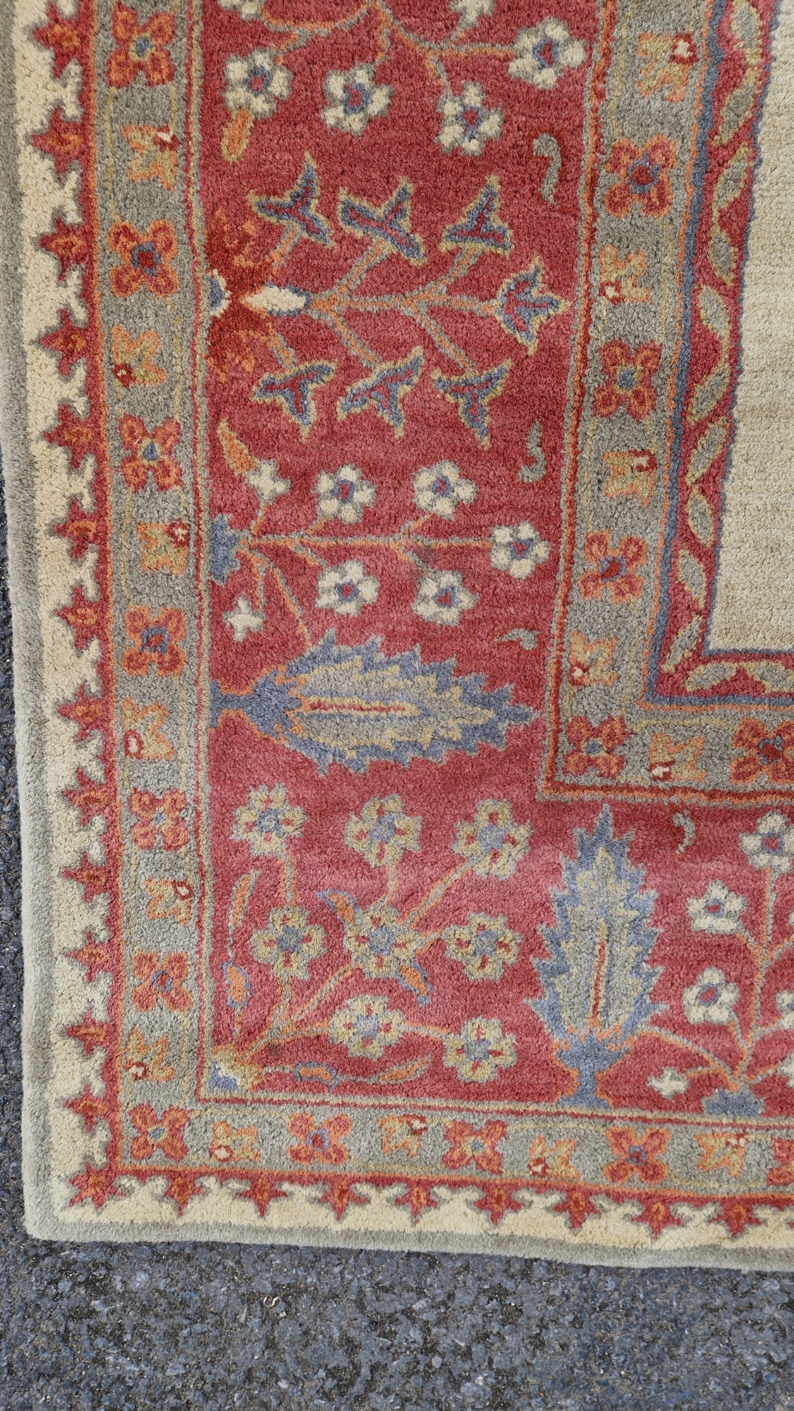 Large wool carpet of revived Eastern style, having stiff leaf and floral spray iron red border and - Image 15 of 22