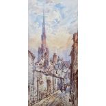 Thomas W. Walshaw (1860-1906) Watercolour Street scene with figures and church, initialled lower