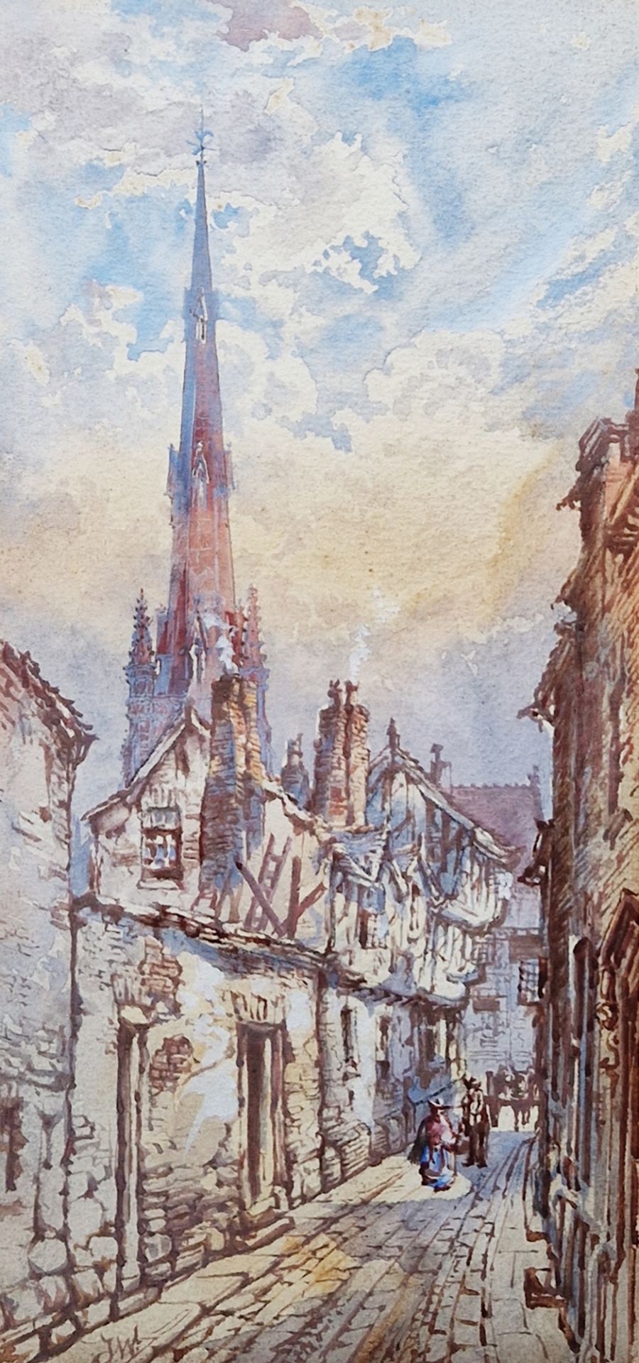 Thomas W. Walshaw (1860-1906) Watercolour Street scene with figures and church, initialled lower