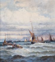 Charles Thornley (1852-1902) Oil on canvas Coastal scene with boats and sailing vessels on choppy