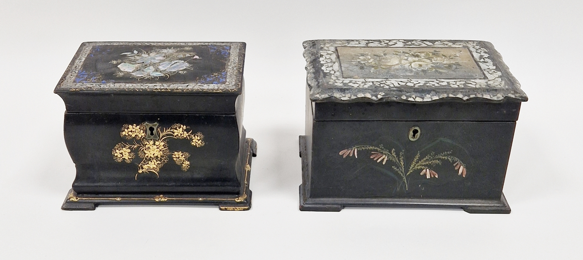 19th century mahogany papiermache tea caddy, rectangular and bombe, mother-of-pearl inlaid and on