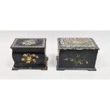 19th century mahogany papiermache tea caddy, rectangular and bombe, mother-of-pearl inlaid and on