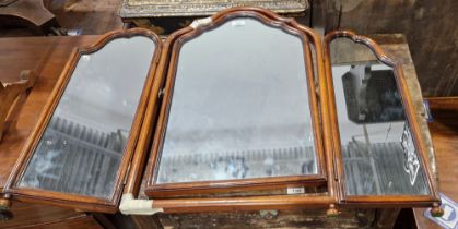 Georgian-style walnut veneered tripart folding dressing table mirror of arched rectangular form,