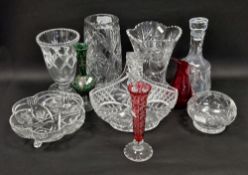 20th century cut and coloured glass including a cranberry tinted flared spill vase, a green tinted