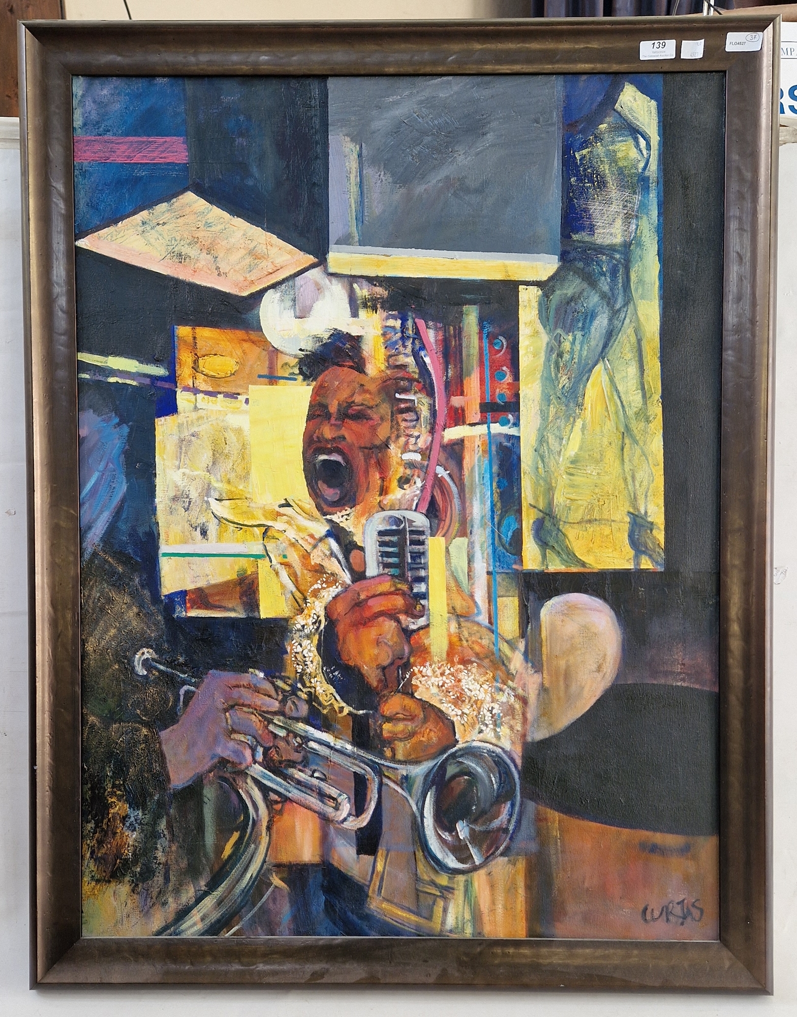 Andrew Curtis Oil on canvas Jazz singer with microphone and trumpeter, signed ‘CURTIS’ in capitals - Image 2 of 3