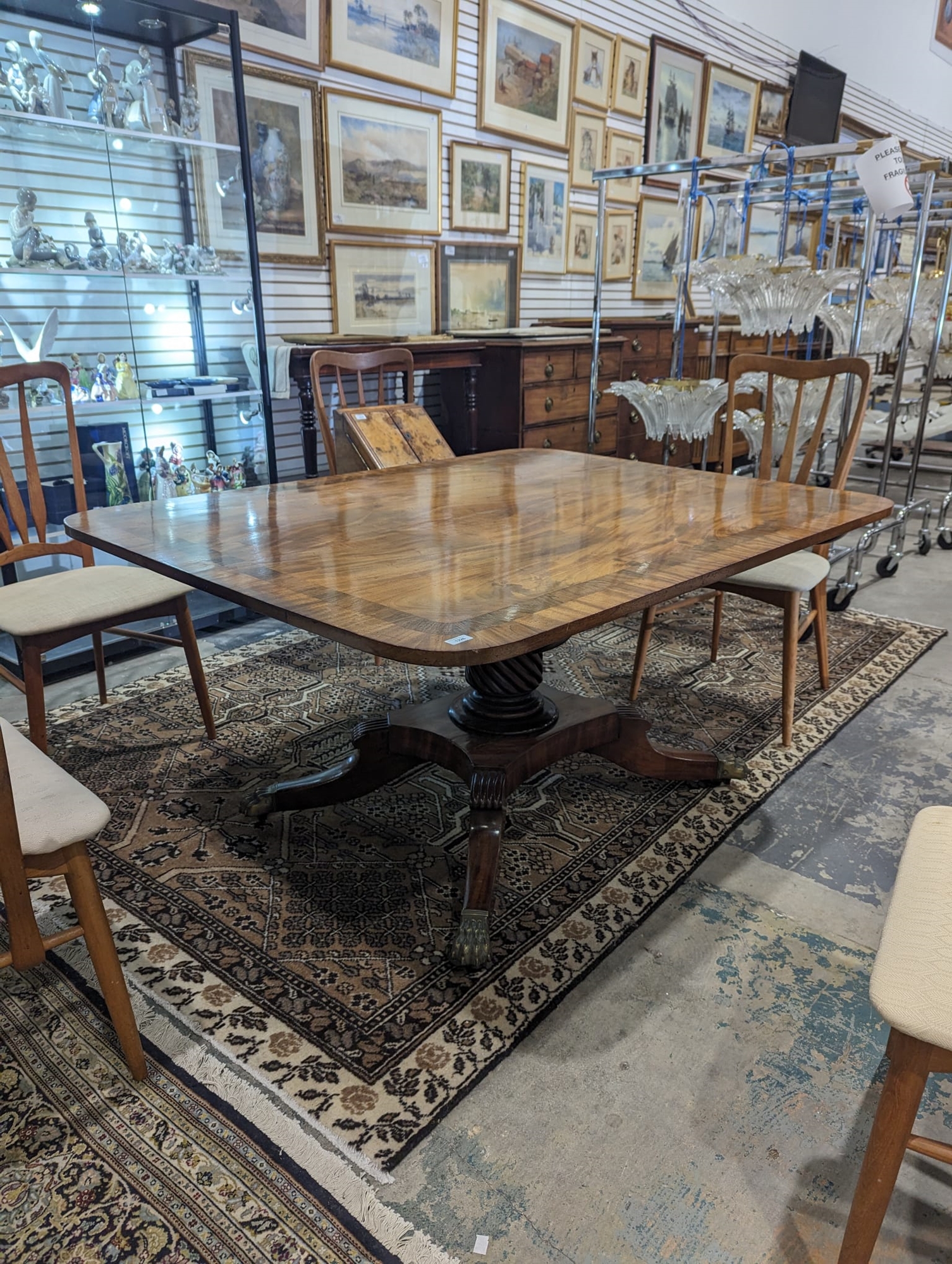 Regency mahogany breakfast table, rectangular with curved corners, rosewood inlaid banding, on large - Image 16 of 26