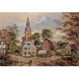 Carl Rudell (German, 1855-1939) Watercolour "Schenhagen", village scene with church, signed and