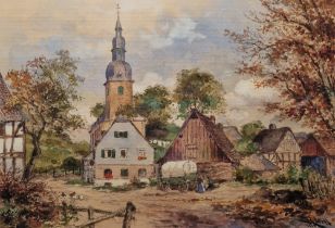 Carl Rudell (German, 1855-1939) Watercolour "Schenhagen", village scene with church, signed and
