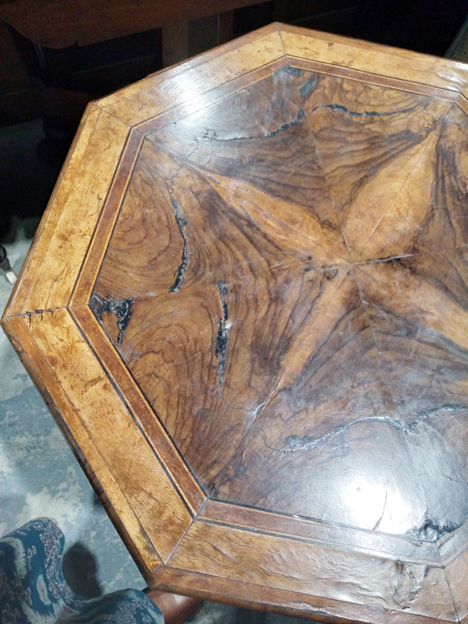 Possibly olivewood tripod occasional table with octagonal top, quarter veneered, mahogany cross- - Image 4 of 8