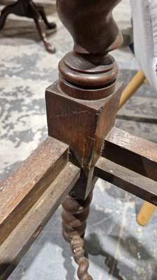 Late 19th/early 20th century oak corner chair with carved spiral supports and X-frame stretcher, - Image 40 of 44