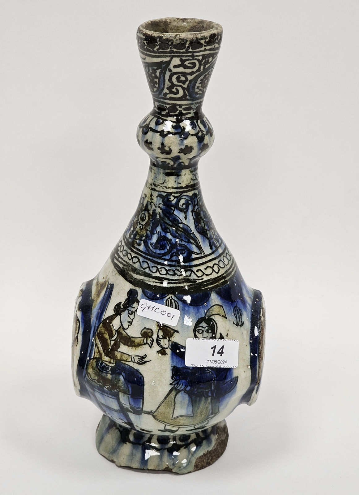 19th century Persian bottle-shaped vase with flared bulbous neck, painted with equestrian figures, - Image 3 of 5