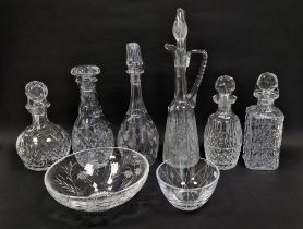 Group of 20th century cut glass decanters, a claret jug and stopper, 42cm high, an etched Rand