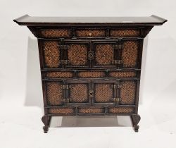 Small Asian lacquered and bamboo weave side cabinet, the top with raised ends, three short drawers