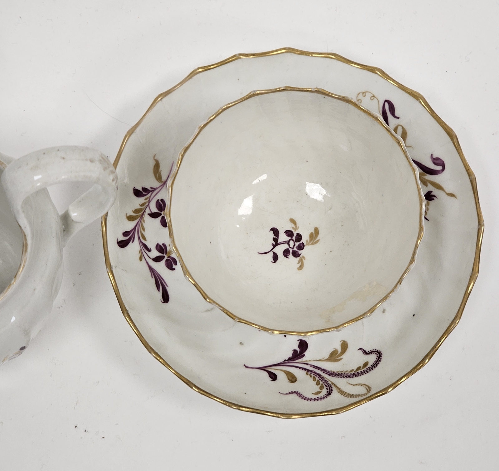 Worcester 'Flight' porcelain spirally moulded tea bowl and saucer and a milk jug, circa 1790, puce - Image 3 of 4
