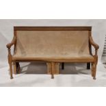 Early 20th century wooden framed bench with fabric seat cover, on turned legs, 97cm high x 170cm
