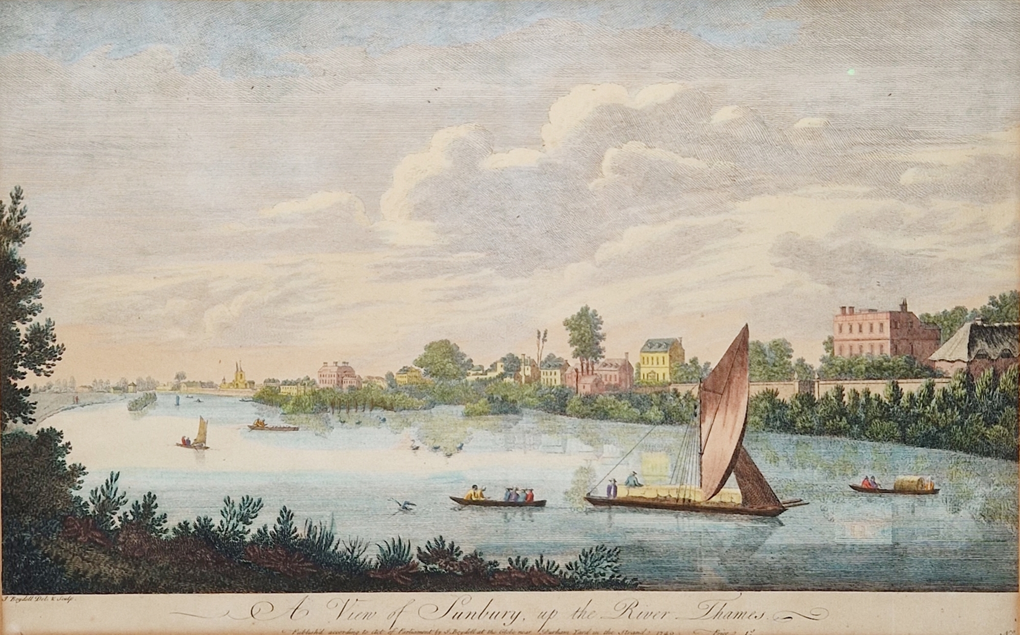 J Boydell Handcoloured engraving  "View of Shepperton", depicting horses and figures by the river, - Image 5 of 8