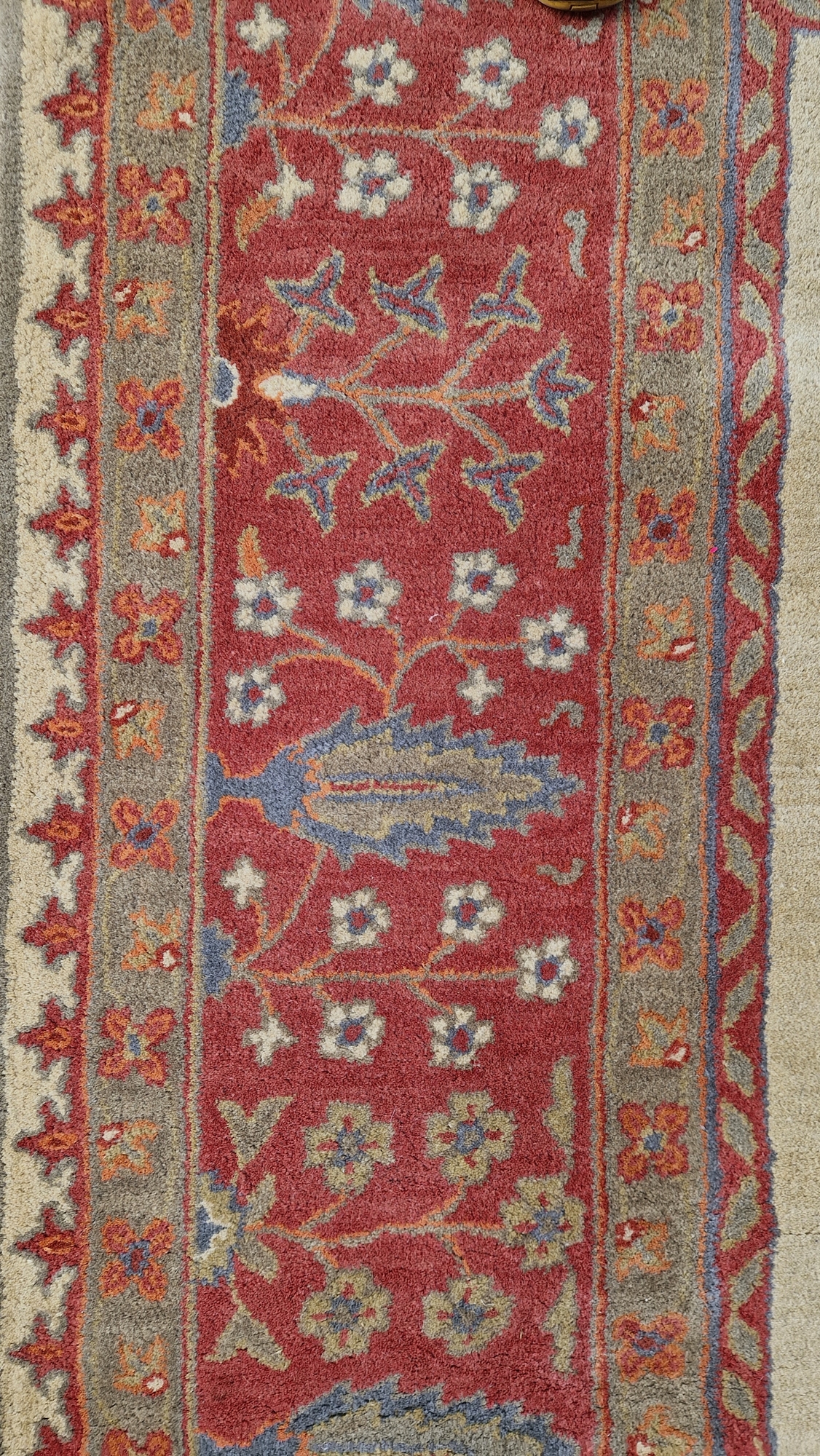 Large wool carpet of revived Eastern style, having stiff leaf and floral spray iron red border and - Image 13 of 22