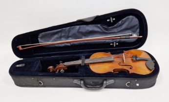 Violin and bow, unlabelled, in case  Condition Report Additional photos uploaded. Length 59cm