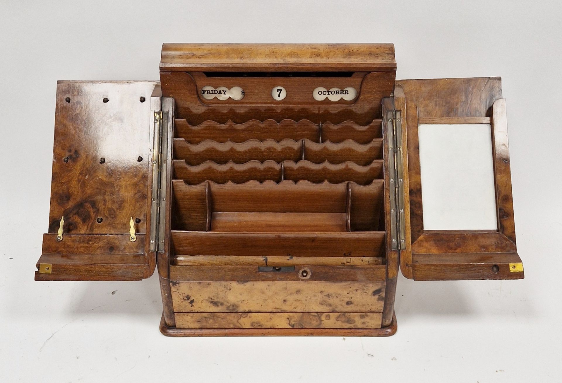 Victorian walnutwood and burr yew stationery cabinet, the hinged ogee mould top opening to reveal - Image 2 of 3