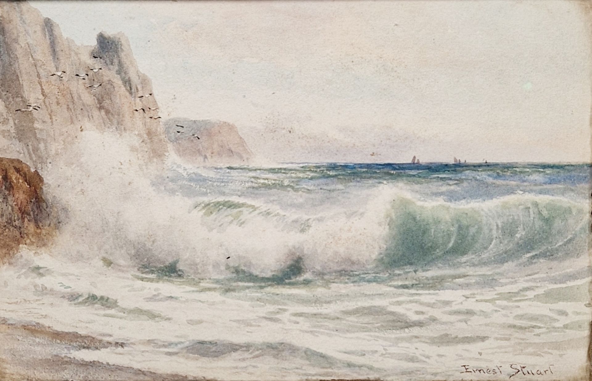 Ernest Stuart (fl.1889-1915) Watercolour Coastal scene with waves crashing against cliff, signed