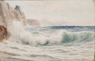 Ernest Stuart (fl.1889-1915) Watercolour Coastal scene with waves crashing against cliff, signed