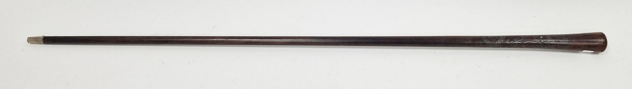 Chinese hardwood metal inlaid walking cane, early 20th century, inset with a dragon chasing