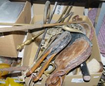 Two aluminium fish kettles, a large jam pan, bellows, fire companion, copper kettle, clothes brush