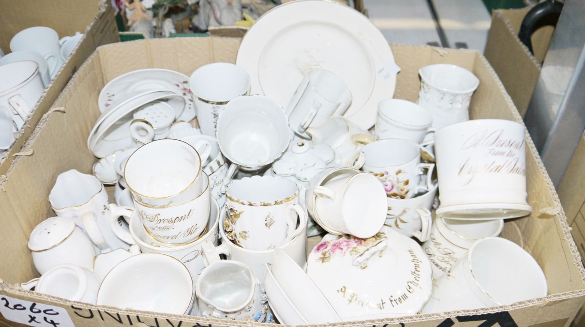 Assorted ceramics and glass to include various white china cups and mugs with gilt inscriptions 'A - Image 2 of 4