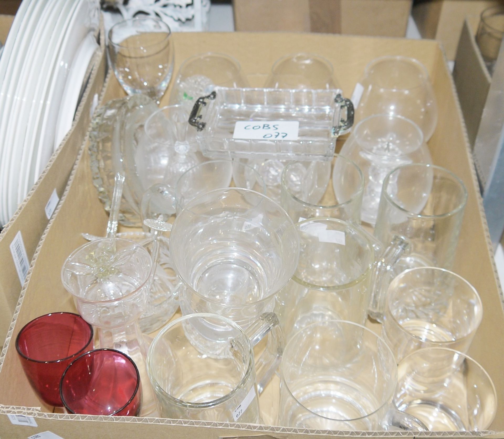 Assorted glassware to include tankards, wines, cut glass sherry, tumblers, moulded flower vases,