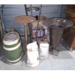 Two enamel jugs, a ceramic half-barrel flask labelled Mendosa Medium Sherry, an earthenware flagon