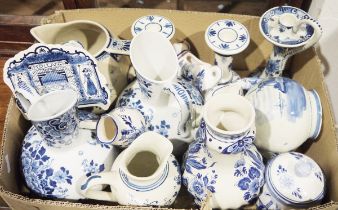 Large collection of blue and white Delftwares to include a blue delft lidded box with windmill