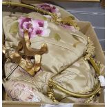 Silk bed canopy, green with pink peonies, with brass and carved wood fittings and circular pelmet