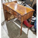 Burr yew and satinwood cross banded canteen table of revived Regency style, baize lined, fitted