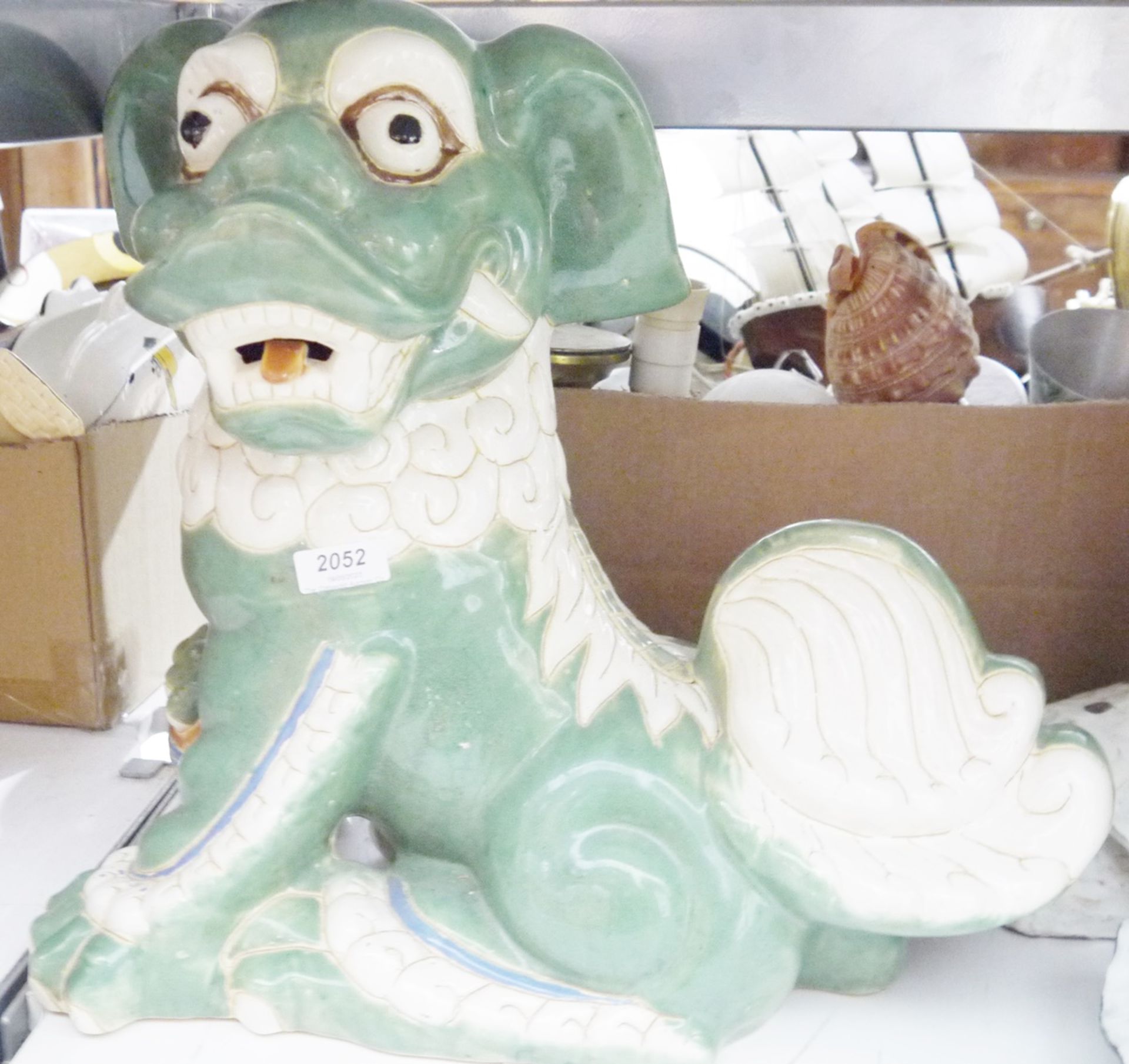 Large ceramic Dog of Fo with label to base 'Maison Gardenia', 39cm high approx.