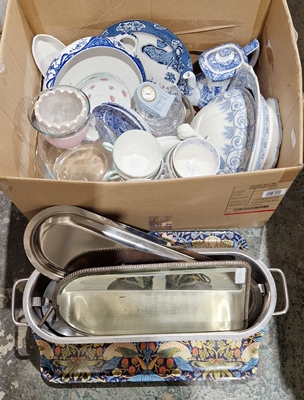Quantity of blue and white china, glass, stainless steel fish kettle and other items