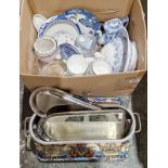 Quantity of blue and white china, glass, stainless steel fish kettle and other items