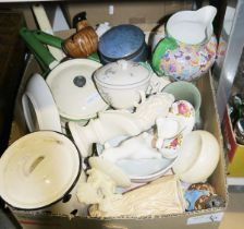 Assorted glass and ceramics to include a Soho pottery jug, enamelled sauce pans, various ceramics,