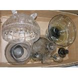 Modern smoked glass decanter with three matching sherry glasses, a matching comport, a matching vase