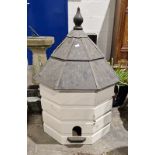 White painted wooden dovecote with lead and slate-effect roof topped with a wooden finial, 90cm high