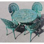 Victorian style metal painted garden table and four chairs (5)