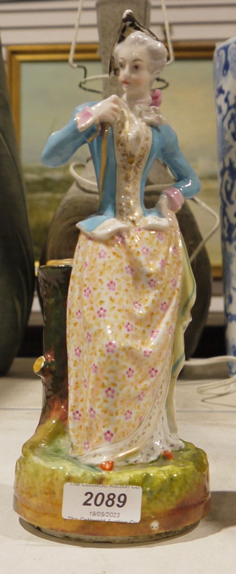 Late 19th century French porcelain figure of a lady forming a lamp base, modelled standing, - Image 4 of 4