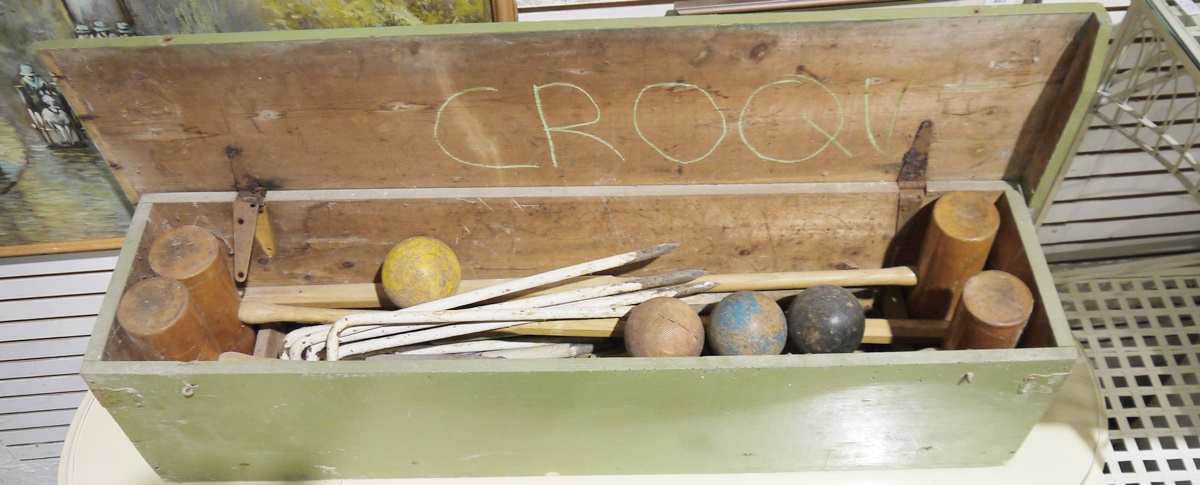Boxed croquet set with pins, balls, mallets, etc