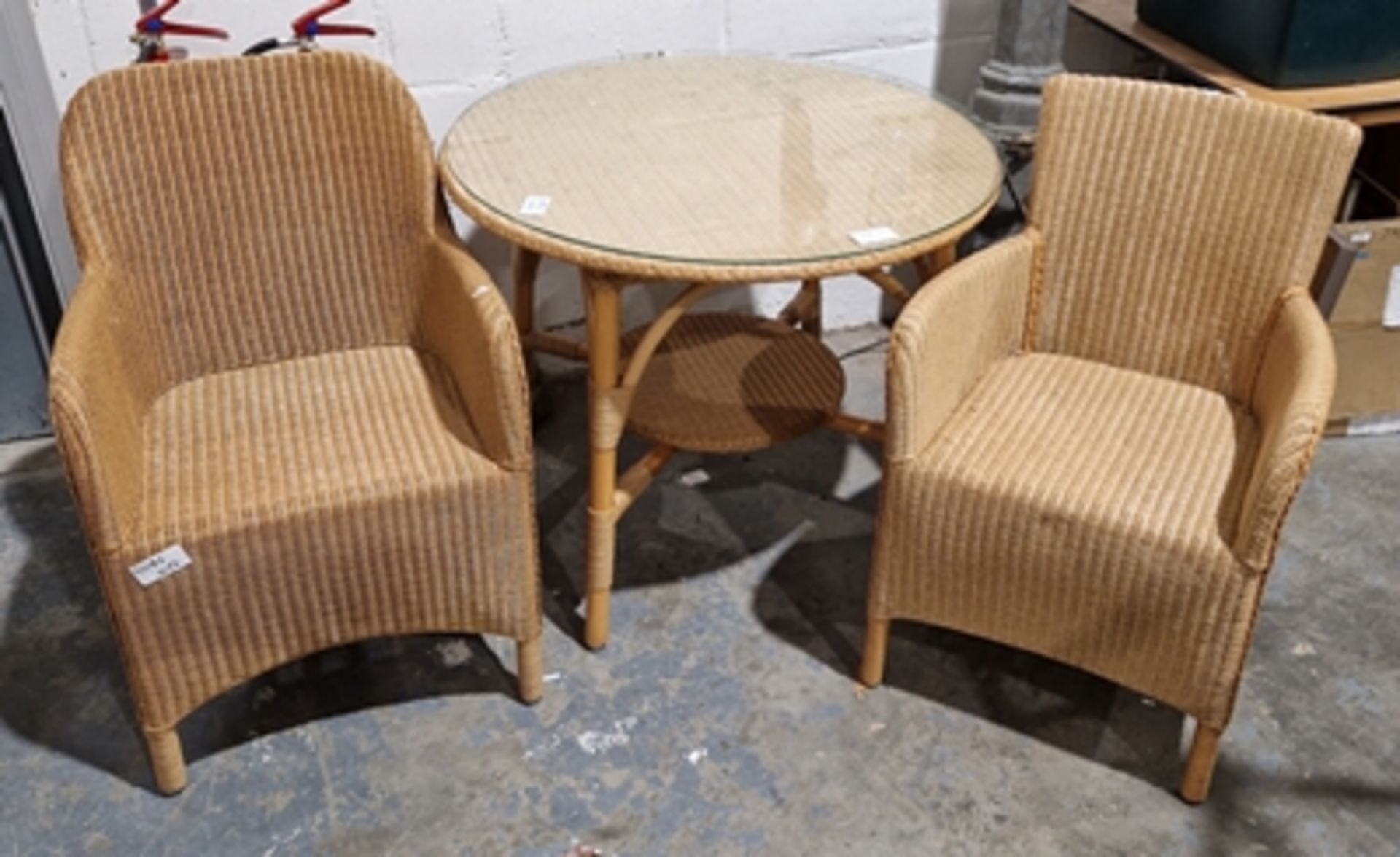 Lloyd Loom "Eastwood" Wicker/cane garden table, circular with fitted glass top and two matching
