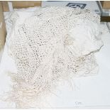 Vintage Chinese-style machine embroidered cream silk shawl with deep fringe,