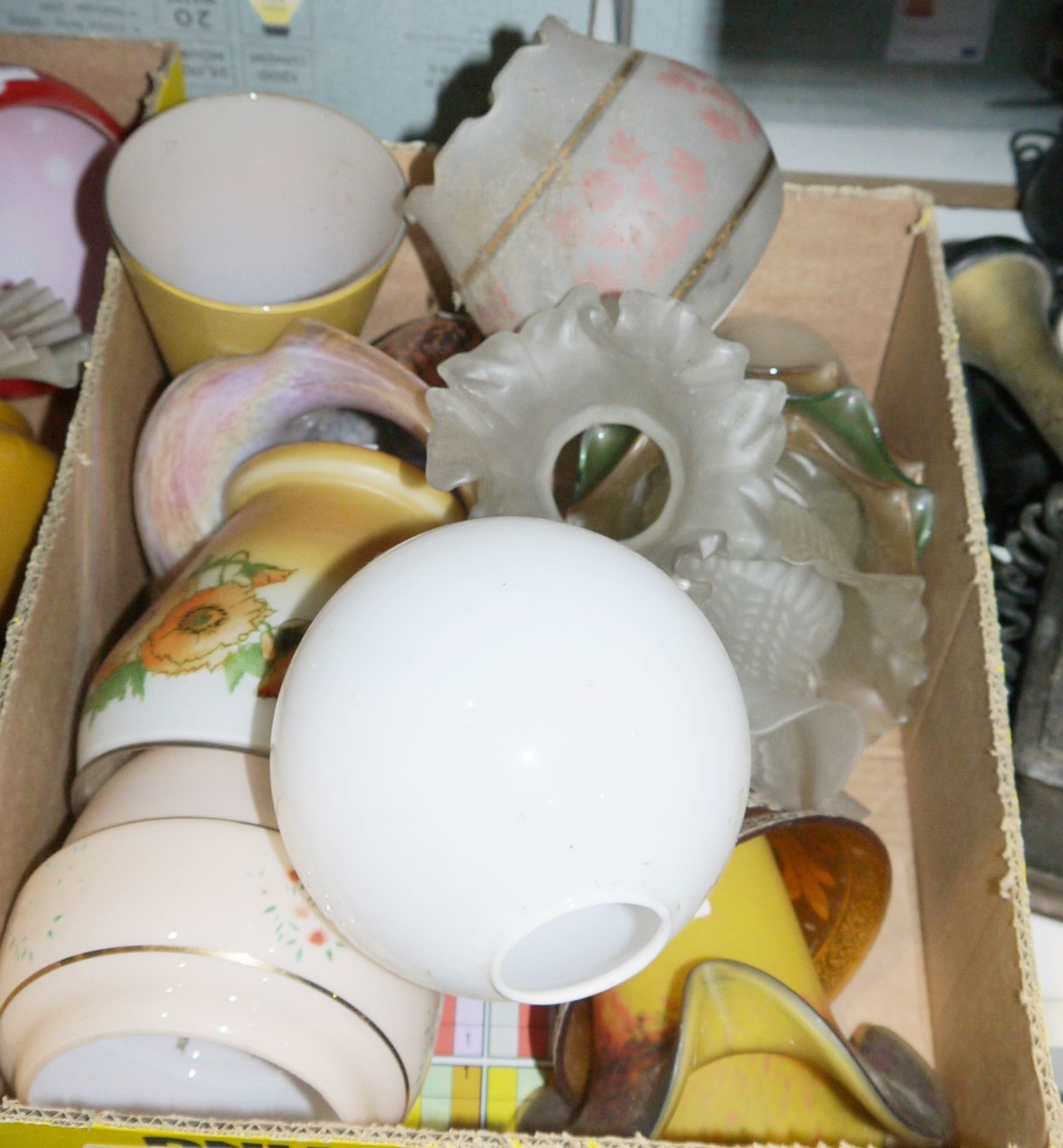 Various vintage glass light shades to include opalescent, painted, frilled edges and three vintage - Image 2 of 3