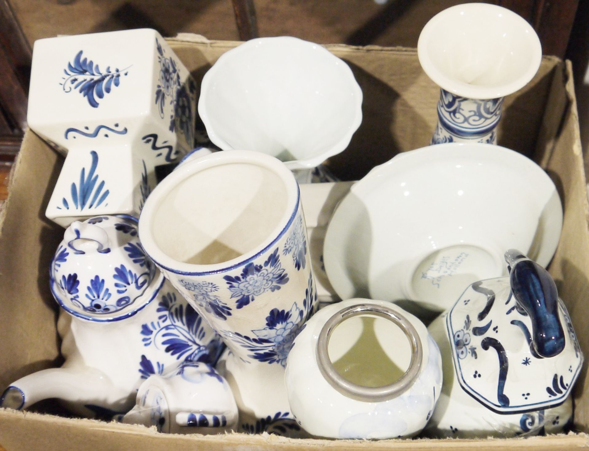 Large collection of blue and white Delftwares to include a blue delft lidded box with windmill - Image 2 of 3
