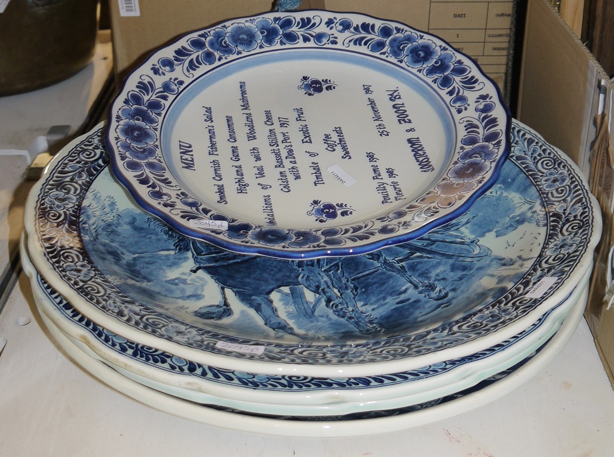 Quantity of delft blue wares to include four large plates and others with countryside scenes, - Image 2 of 5