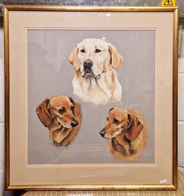 Ella Moulding Triple Dog portrait with Labrador  and two Dachshunds Pastel on paper, framed and - Image 3 of 6
