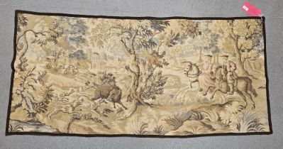 Old French tapestry depicting hunting scene in forest with horse-drawn carriage and building in